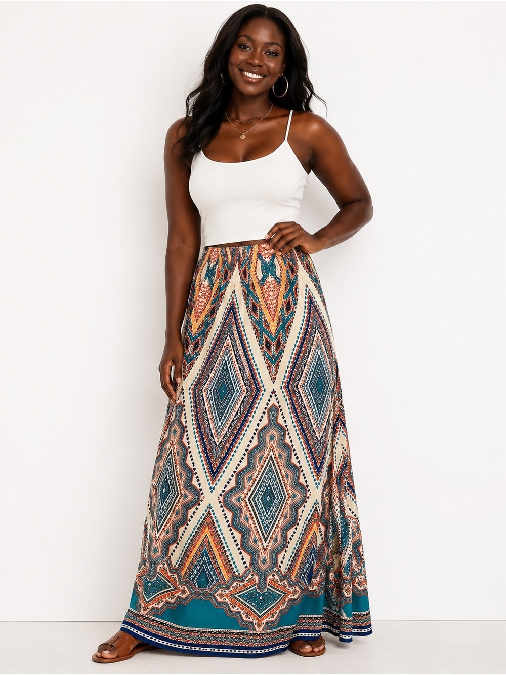 Blue Boho Geometric Print Maxi Skirt Women’s Plus Size 14/16W.